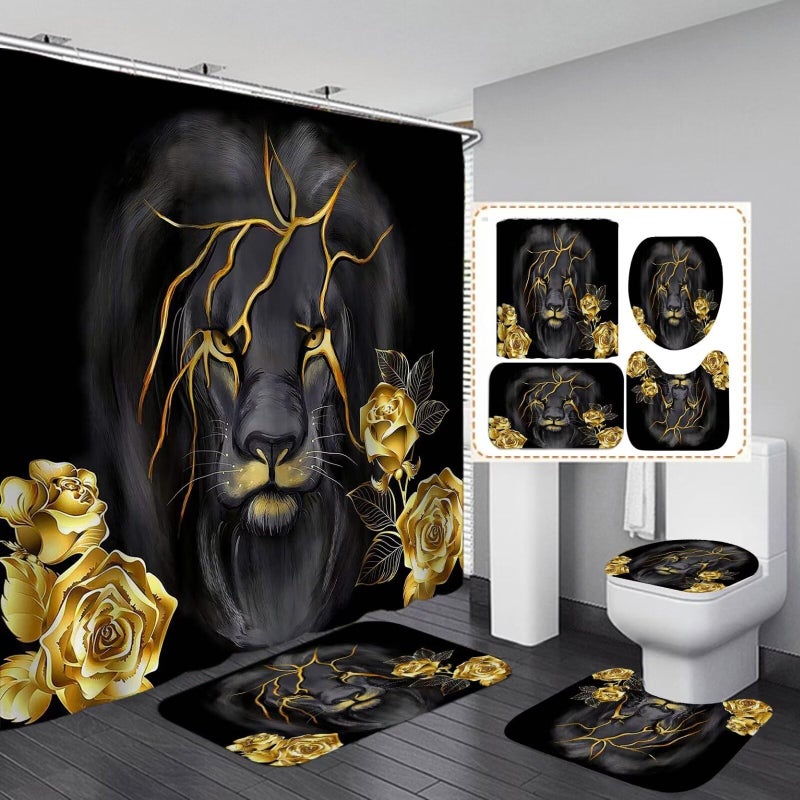 jieprom 4 PCS Gold Rose and Lion Bathroom Set with Shower Curtain Set with Rugs  Gold Bathroom assessories  Black Lion Shower Curtain - Image 1